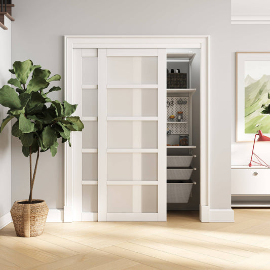 5-Lite Tempered Frosted Glass Bypass Sliding Closet Door with Hardware Kit, Solid Core MDF Wood & Prefinished & Primed , White