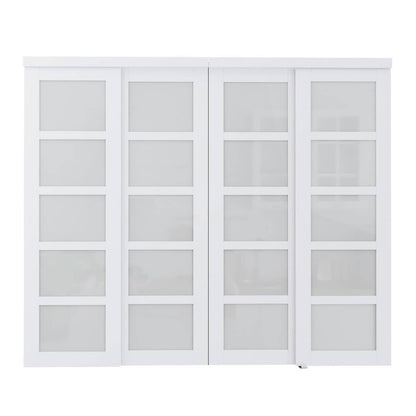 5-Lite Tempered Frosted Glass Bypass Sliding Closet Door with Hardware Kit, Solid Core MDF Wood & Prefinished & Primed , White