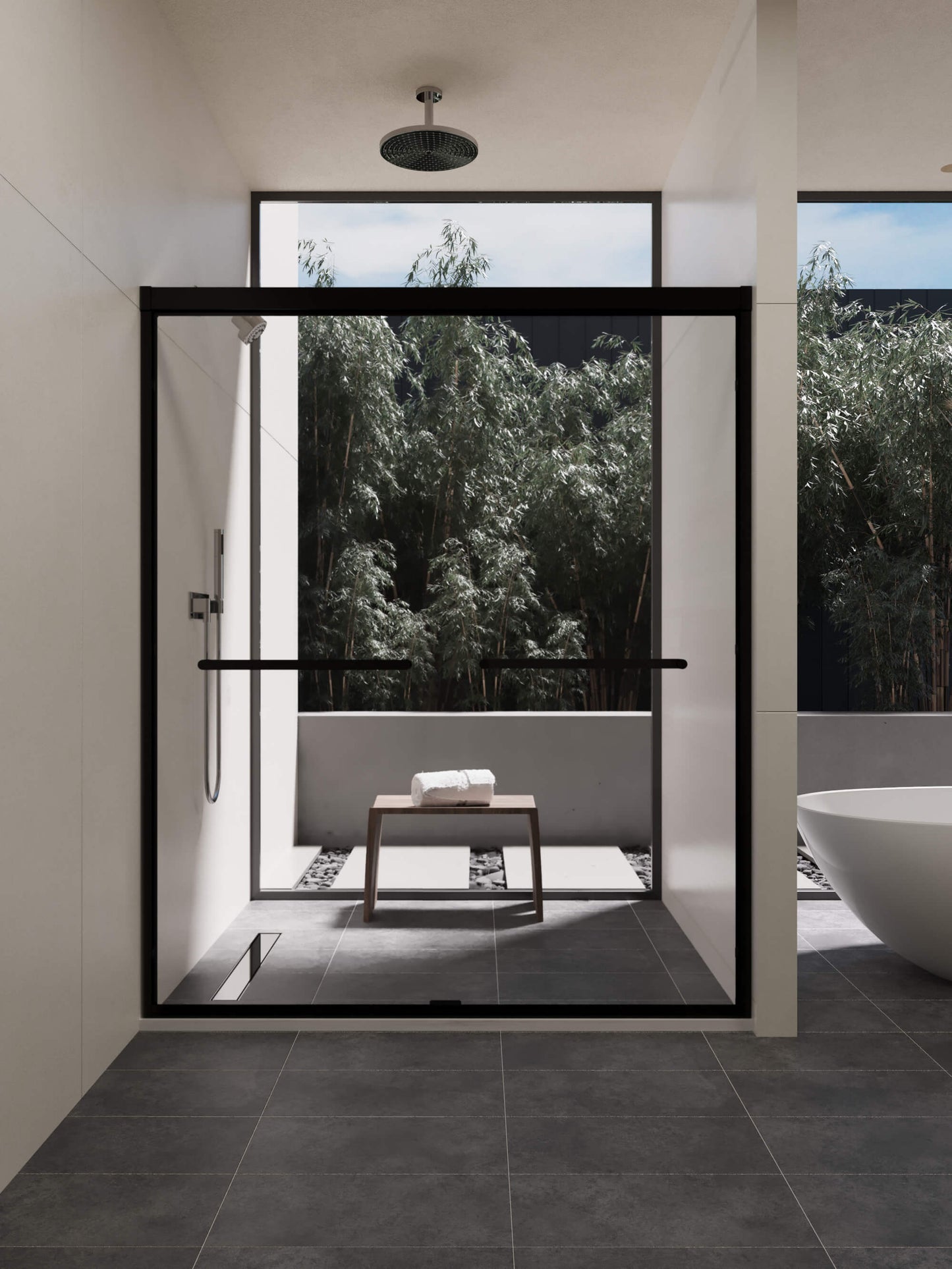 60-inch shower enclosure, double sliding doors, 1/4-inch (6mm) tempered safety glass.