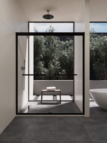 60-inch shower enclosure, double sliding doors, 1/4-inch (6mm) tempered safety glass.