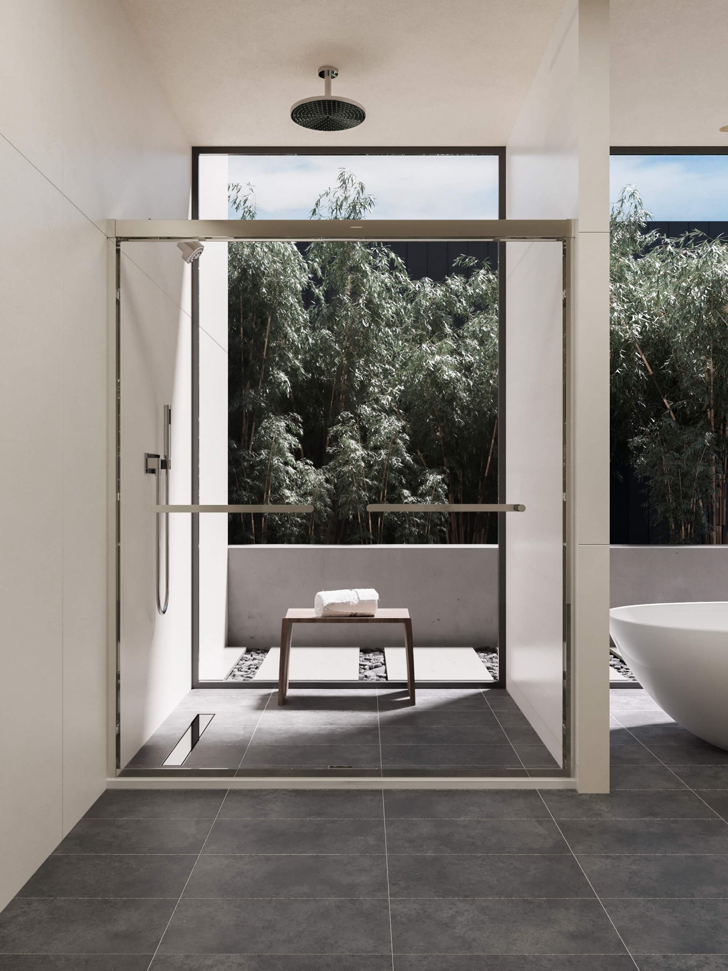 60-inch shower enclosure, double sliding doors, 1/4-inch (6mm) tempered safety glass.