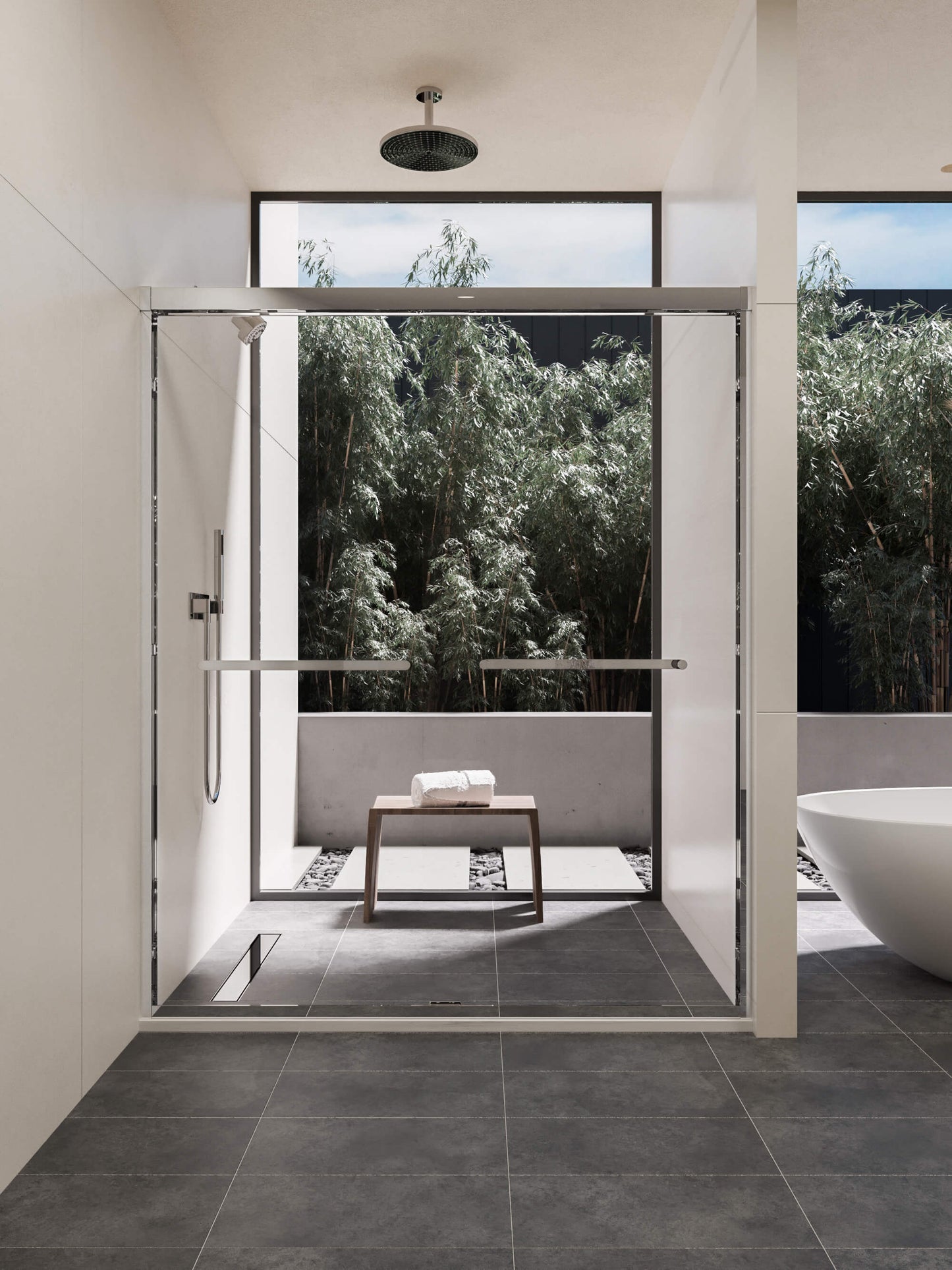 60-inch shower enclosure, double sliding doors, 1/4-inch (6mm) tempered safety glass.
