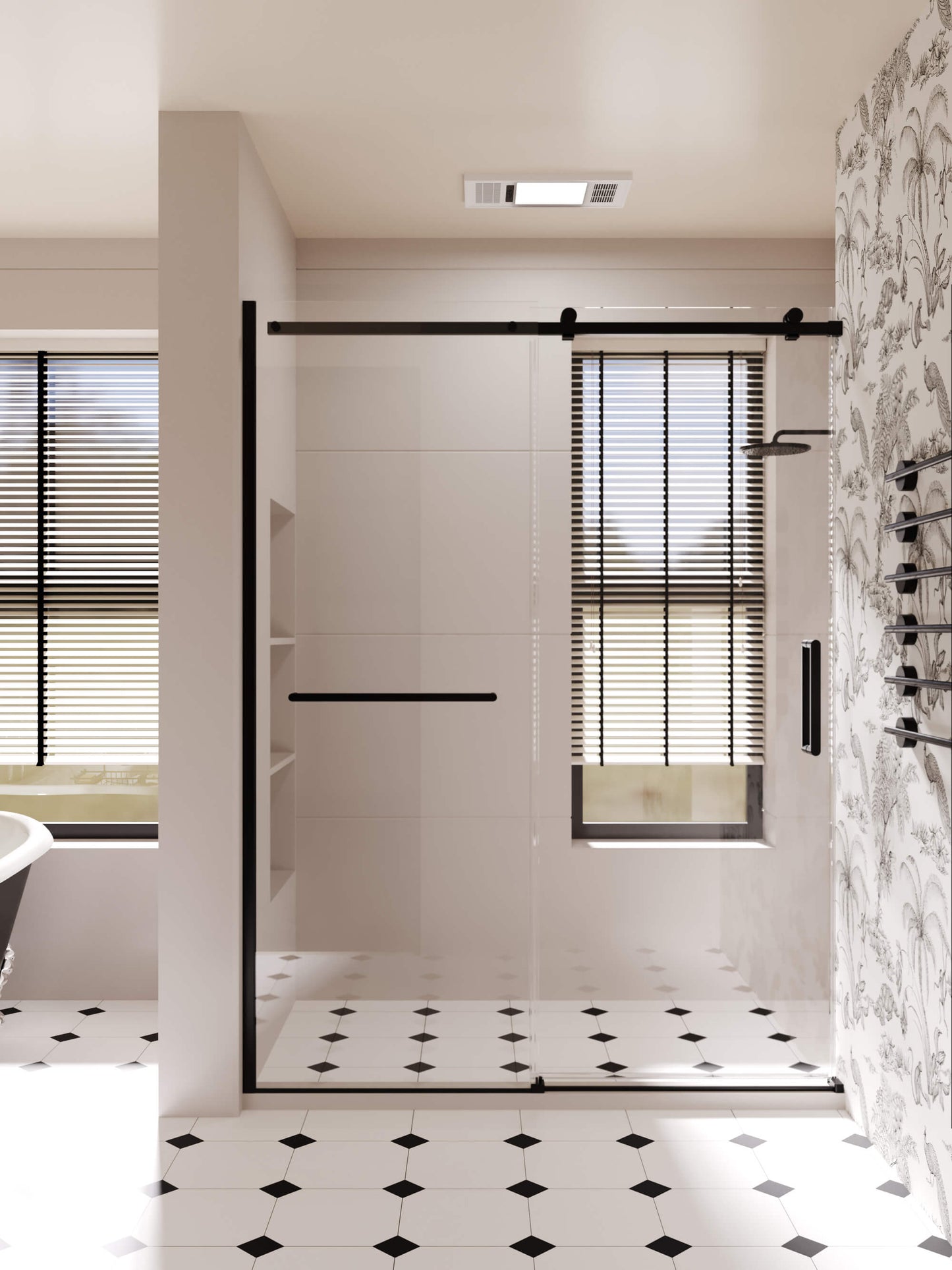 60-inch shower enclosure, single sliding door, transparent 3/8-inch (10mm) tempered safety glass.