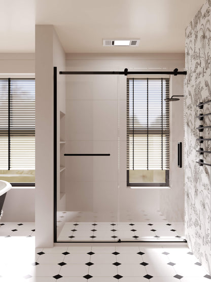 60-inch shower enclosure, single sliding door, transparent 3/8-inch (10mm) tempered safety glass.