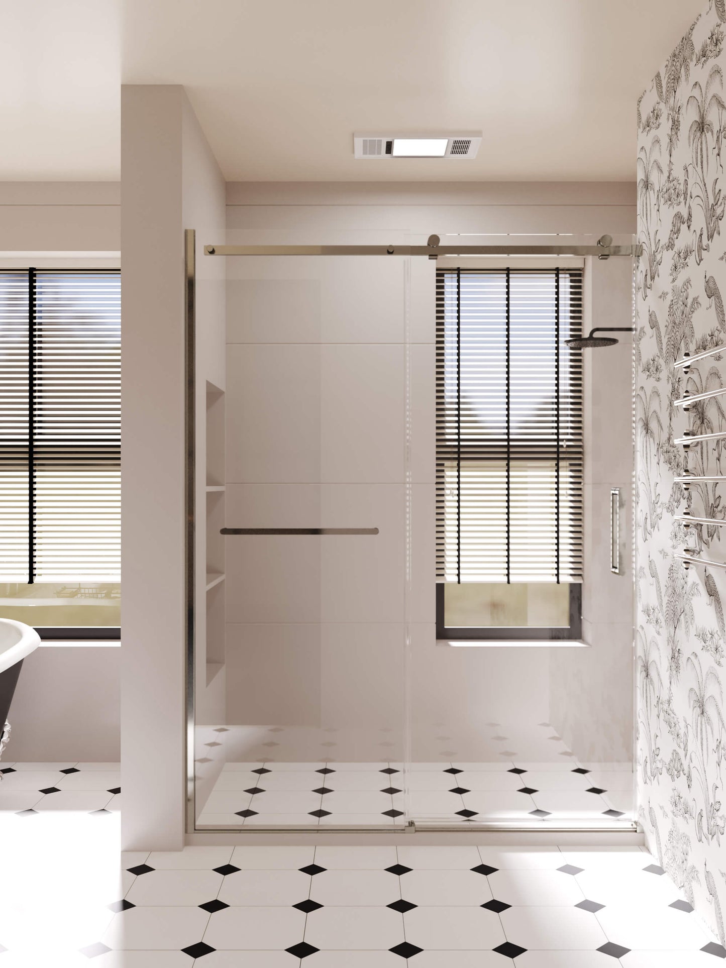60-inch shower enclosure, single sliding door, transparent 3/8-inch (10mm) tempered safety glass.