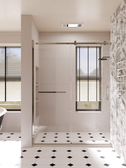 60-inch shower enclosure, single sliding door, transparent 3/8-inch (10mm) tempered safety glass.