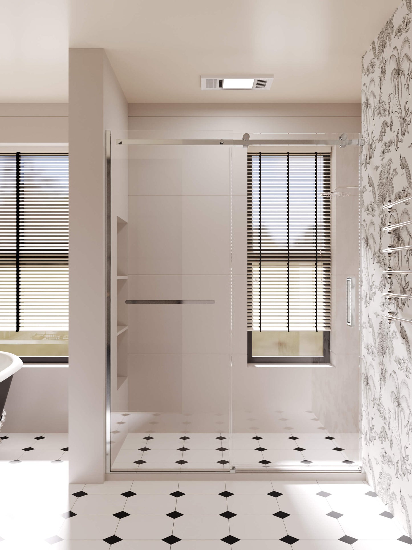 60-inch shower enclosure, single sliding door, transparent 3/8-inch (10mm) tempered safety glass.