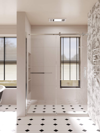 60-inch shower enclosure, single sliding door, transparent 3/8-inch (10mm) tempered safety glass.