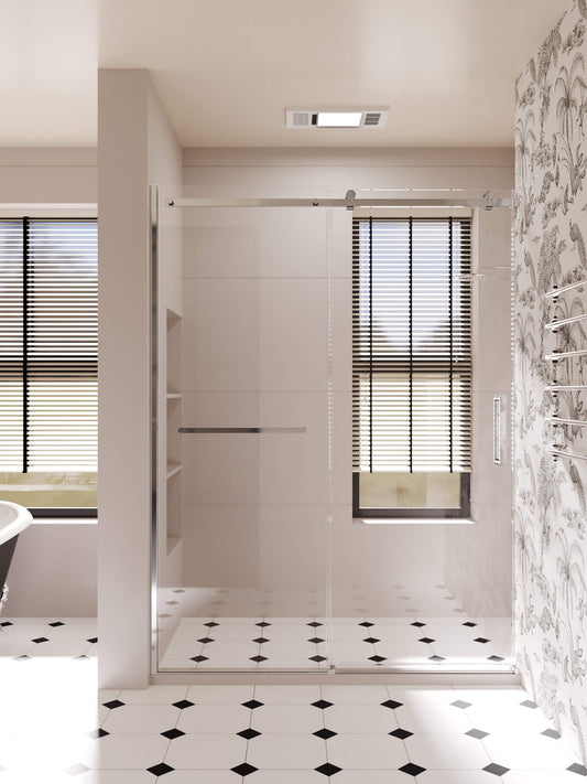 60-inch shower enclosure, single sliding door, transparent 3/8-inch (10mm) tempered safety glass.
